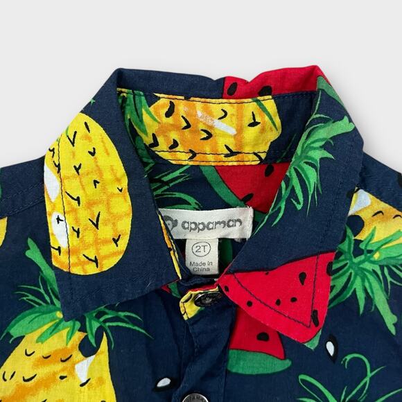 Fruit Print Button Up Shirt Kids Navy Sz 2T Pineapple Watermelon Summer Top - Picture 3 of 4